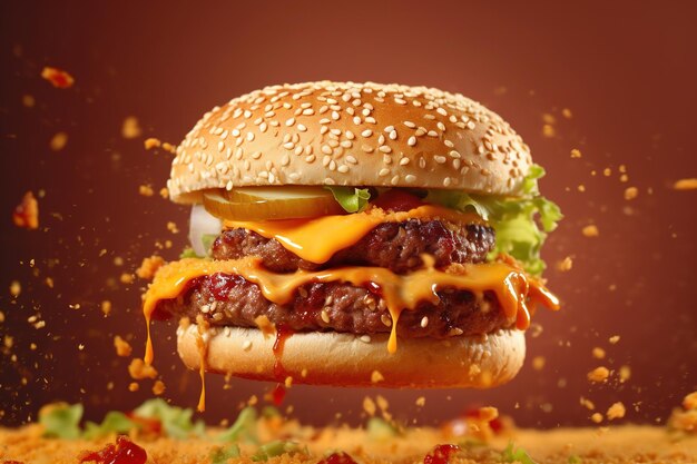 Hamburger di formaggio che galleggia sul tavolo con uno sfondo rosso