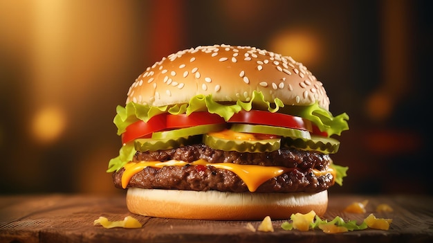 Hamburger di formaggio delizioso su fondo di legno