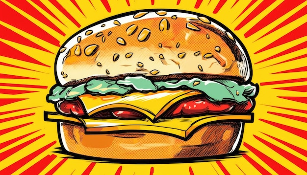 Hamburger di formaggio fresco Colorful Pop Art Wallpaper Generative AI Illustration