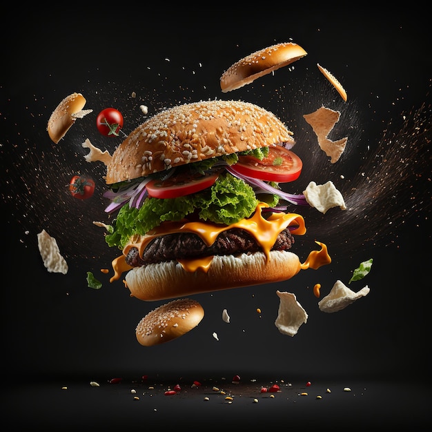 Hamburger di formaggio squisito volante con focacce di lattuga al pomodoro di carne e caduta su sfondo nero Generativo ai
