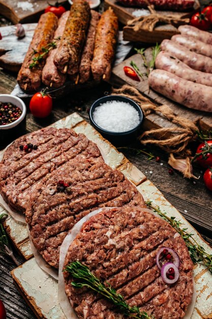 Hamburger di maiale sul tagliere bistecca di manzo su una griglia per barbecue vista dall'alto