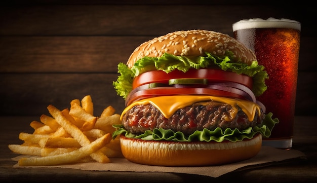 Hamburger di manzo alla griglia con formaggio e patatine fritte AI generativa