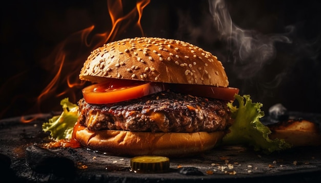 Hamburger di manzo alla griglia con formaggio e pomodoro generato da AI