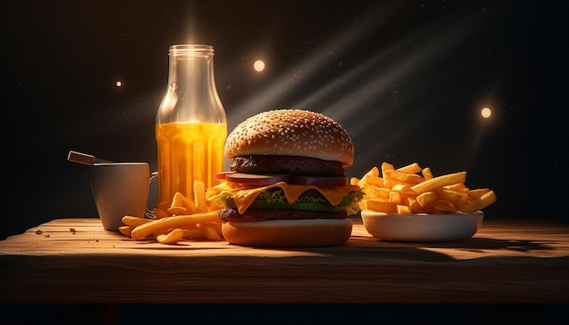 Hamburger di manzo alla griglia con patatine al formaggio cheddar e bevanda alla cola generata dall'intelligenza artificiale