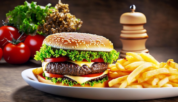 hamburger di manzo alla griglia con patatine fritte, formaggio e pomodoro