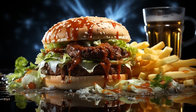 Hamburger di manzo alla griglia con patatine fritte, formaggio gourmet e bevanda rinfrescante generata dall'intelligenza artificiale