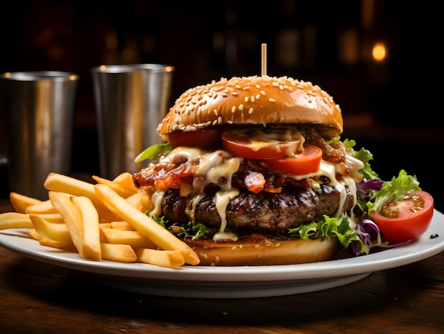 Hamburger di manzo alla griglia con patatine fritte