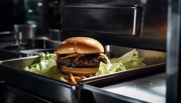 Hamburger di manzo alla griglia con pomodoro al formaggio e cipolla su panino generato dall'intelligenza artificiale