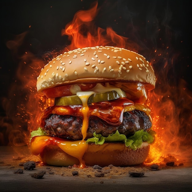 Hamburger di manzo con sfondo di fuoco Hamburger al fuoco succoso hamburger di formaggio in fiamme di fuoco