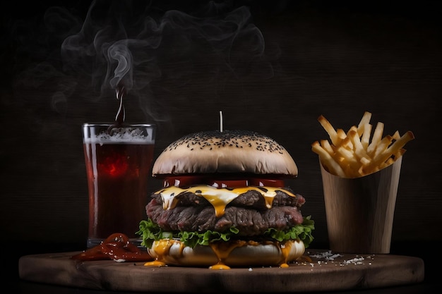 Hamburger di manzo e patatine fritte servite su tavola di legno con formaggio fuso isolato su sfondo nero IA generativa