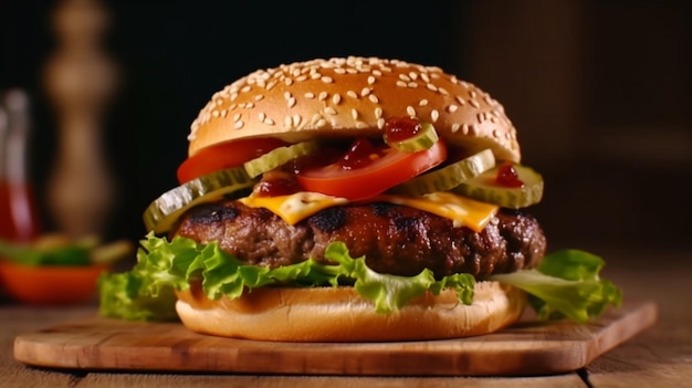 Hamburger di manzo fatto in casa su tavola di legno IA generativa