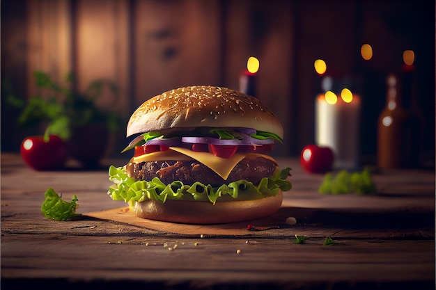 Hamburger di manzo realistico illustrato su sfondo arancione Generative AI