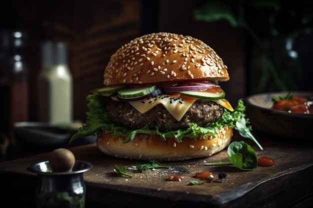 Hamburger di manzo succoso sulla tavola di legno rustica