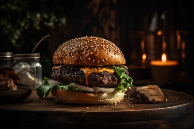 Hamburger di manzo succoso sulla tavola di legno rustica