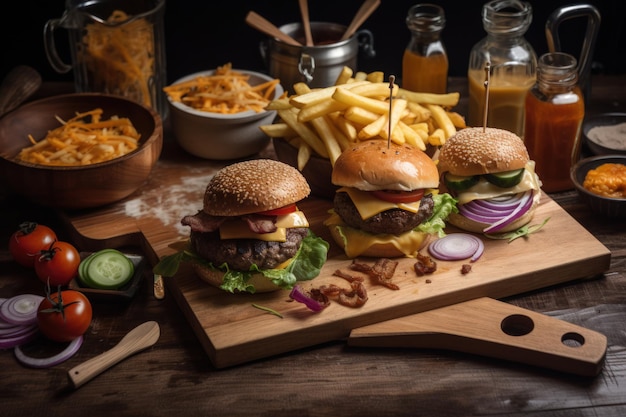 Hamburger di manzo succoso sulla tavola di legno rustica