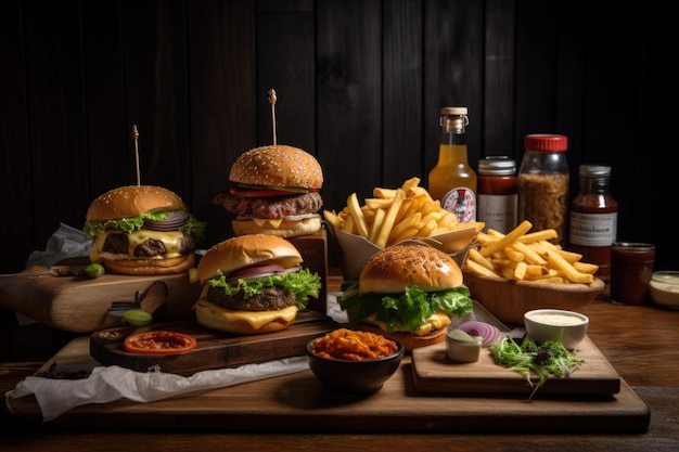 Hamburger di manzo succoso sulla tavola di legno rustica