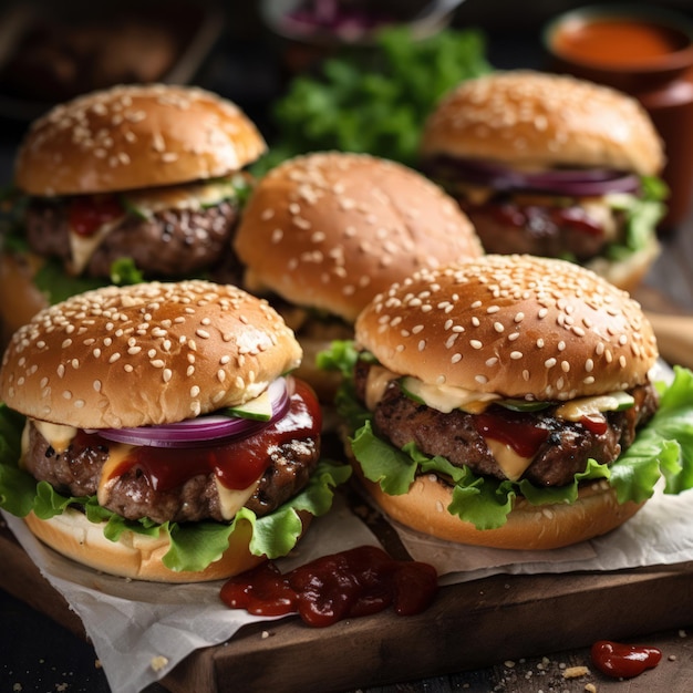 Hamburger di manzo sul piatto di legno