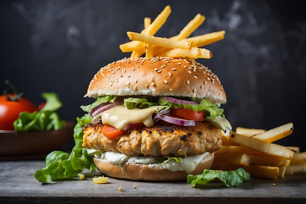 Hamburger di pollo con patatine fritte sul tavolo