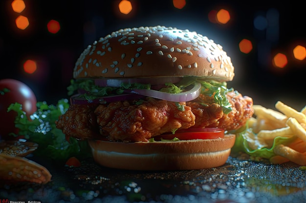 Hamburger di pollo croccante in stile Kentucky con ombre luminose Perfetto per i menu dei ristoranti IA generativa