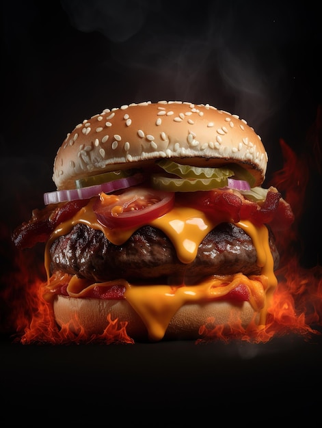 hamburger doppio enorme più delizioso con le fiamme