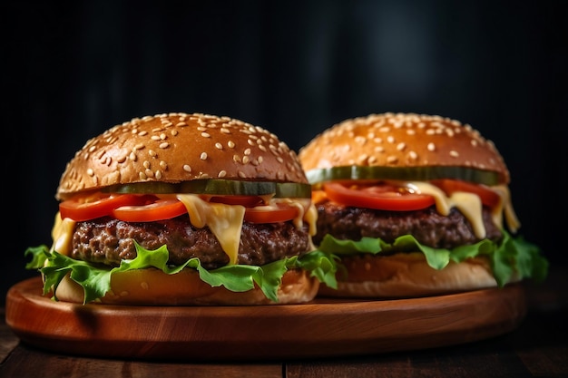 hamburger doppio formaggio verdure su un piatto di legno sfondo scuro