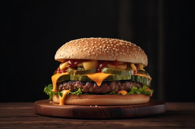 hamburger doppio formaggio verdure su un piatto di legno sfondo scuro