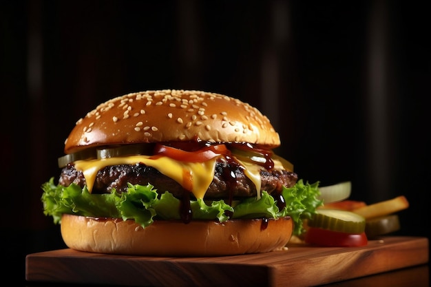 hamburger doppio formaggio verdure su un piatto di legno sfondo scuro