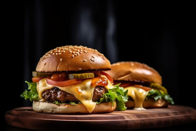 hamburger doppio formaggio verdure su un piatto di legno sfondo scuro