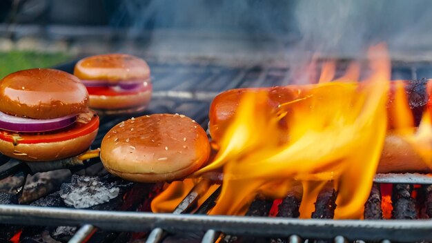 hamburger e hamburger che cucinano su una griglia con le fiamme che escono dalla griglia