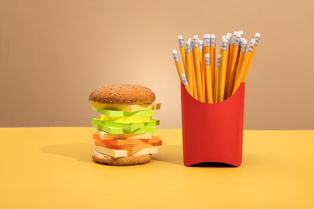 hamburger e patatine fritte da forniture per ufficio su sfondo a colori concetto foto malsano cibo per ufficio Foto di alta qualità