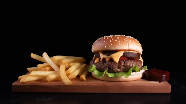 hamburger e patatine fritte su sfondo nero IA generativa