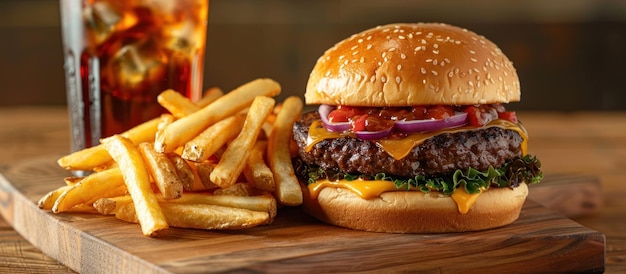 Hamburger e patatine fritte sulla tavola da taglio