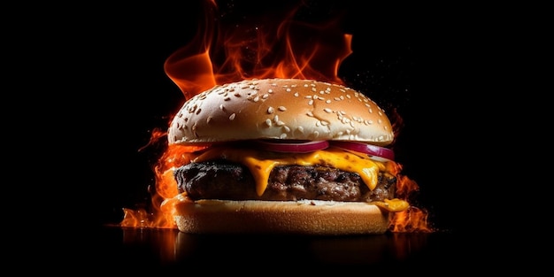 Hamburger e sfondo nero fuoco