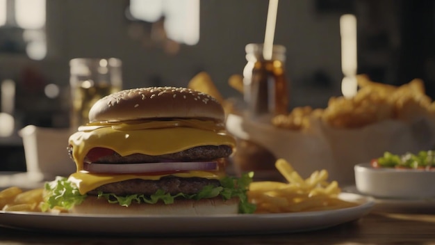 Hamburger enorme su un tavolo di legno con patatine fritte sullo sfondo