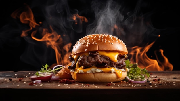 Hamburger fast food in close-up con cheddar e brioche fresca con fumo su un tavolo di legno generato dall'AI