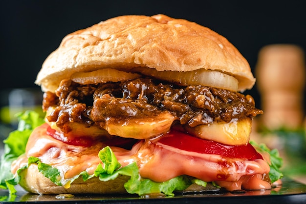 Hamburger fatti in casa alla griglia freschi con formaggio di uova fritte di pomodoro di manzo e lattuga su fondo di legno