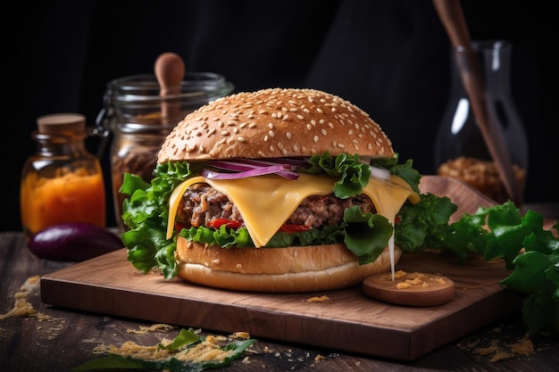 Hamburger fatto a mano con insalata di formaggio di carne e panino su tavola di legno