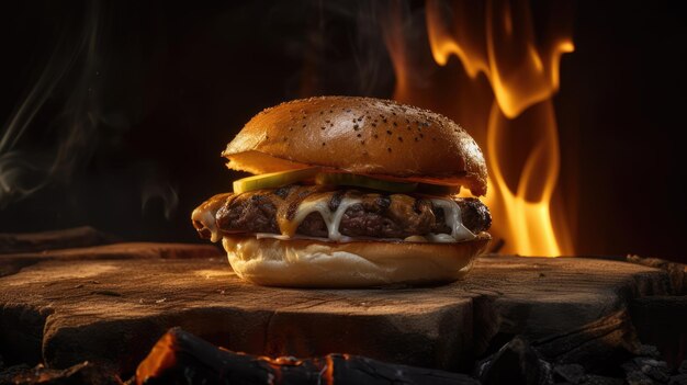 Hamburger fatto a mano con salsa di insalata di formaggio di carne e pane sul fuoco selettivo del primo piano del bordo di legno