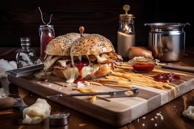 Hamburger fatto in casa con patatine fritte e ketchup su sfondo di legno IA generativa