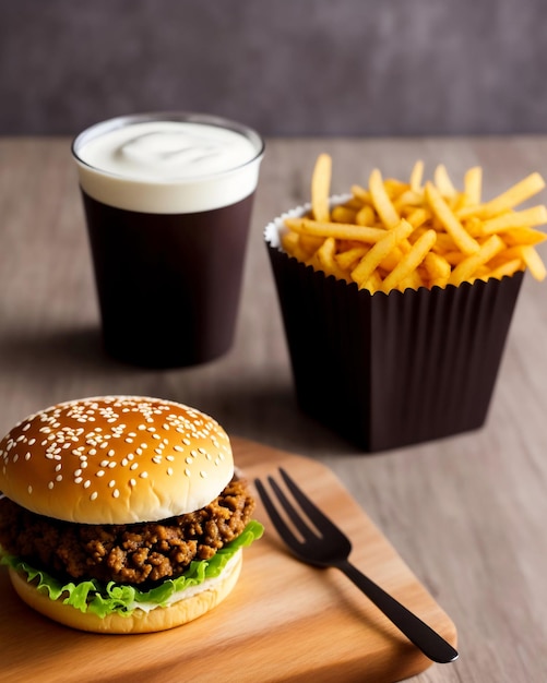 Hamburger fatto in casa con patatine fritte su sfondo nero