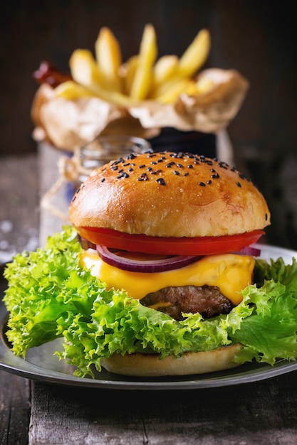 Hamburger fatto in casa con patatine fritte