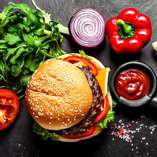 Hamburger fatto in casa con verdure fresche, carne e formaggio Vista dall'alto su sfondo di pietra nera