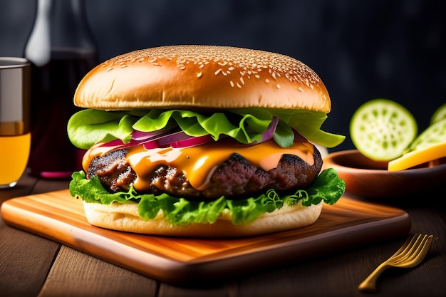 hamburger fatto in casa gustoso fresco sulla tavola di legno