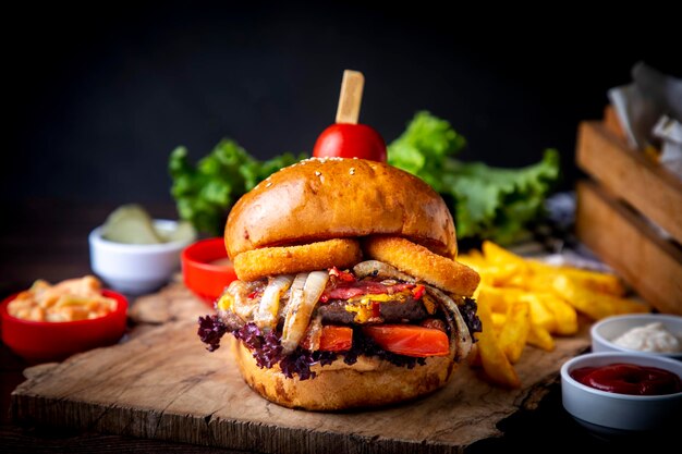 Hamburger fatto in casa servito con patatine fritte. Sembra delizioso preparato con cipolle, polpette di hamburger, formaggio cheddar e prosciutto.