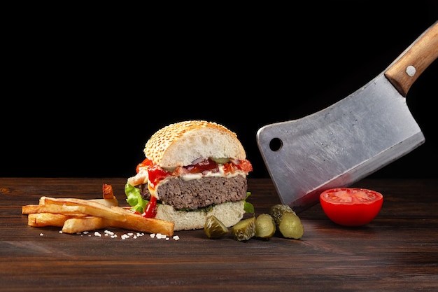 Hamburger fatto in casa tagliato a metà primo piano con manzo, pomodoro, lattuga, formaggio e patatine fritte sul tavolo di legno. Mannaia in mano. Fastfood su sfondo scuro.