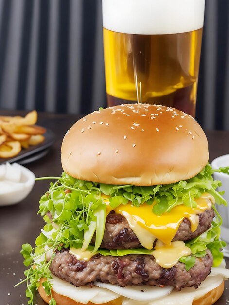 Hamburger fresco con una tazza di bevande fredde Ai Generato