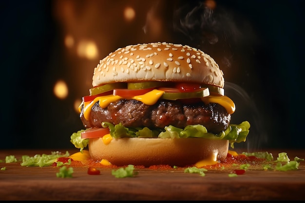 Hamburger fresco e appetitoso servito su un tavolo su sfondo nero