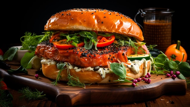 hamburger fresco e gustoso fatto con verdure fresche e spezie su tagliere di legno nero