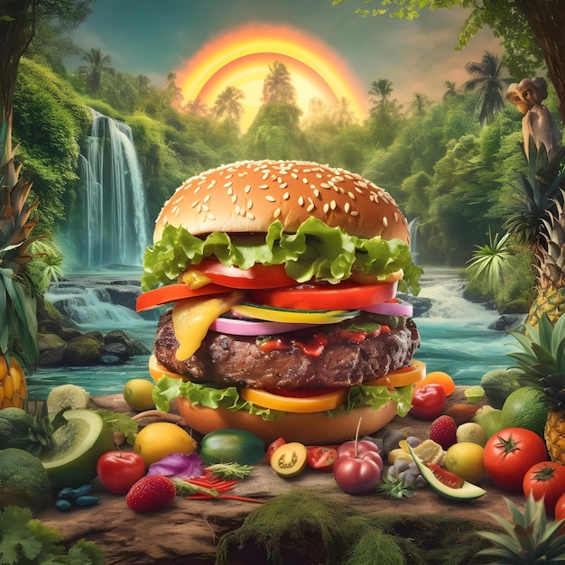 Hamburger gigante con deliziosi ingredienti nella splendida giungla