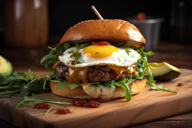 Hamburger gourmet con rucola al caramello su un vassoio di legno